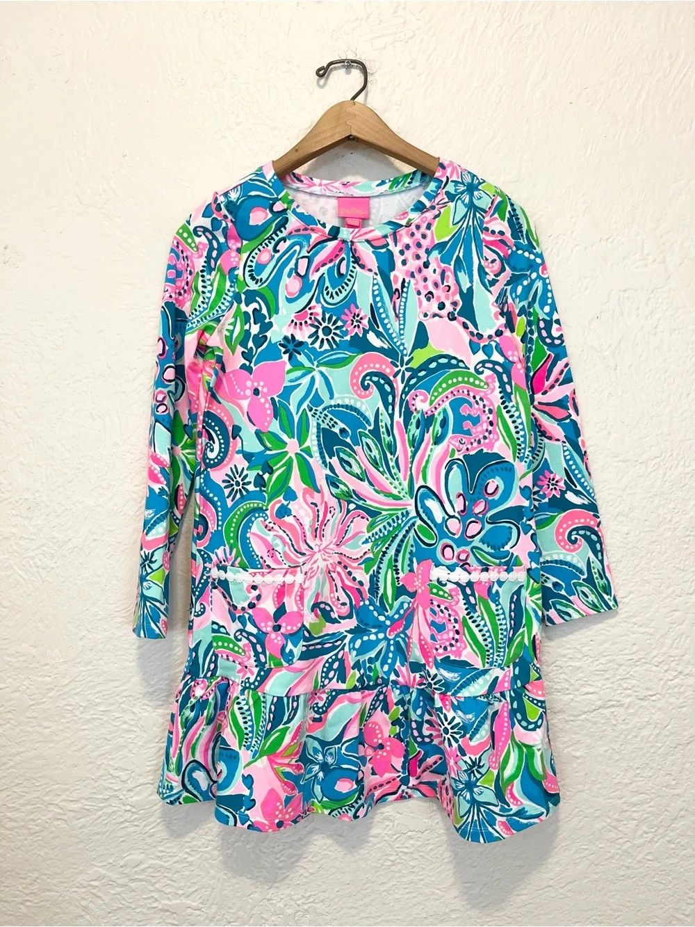 Lilly Pulitzer XL Dress Blue Pink Floral Vira Tropical Long Sleeve